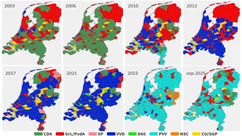 Verloop grootste politieke partij per gemeente 2003-2025 - 111481